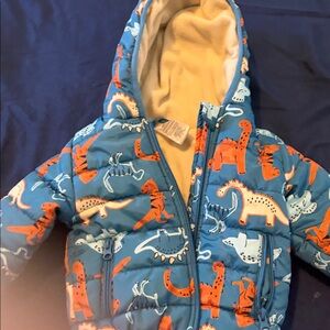 Blue Dino Puffer Jacket with Orange & White Dinosaurs